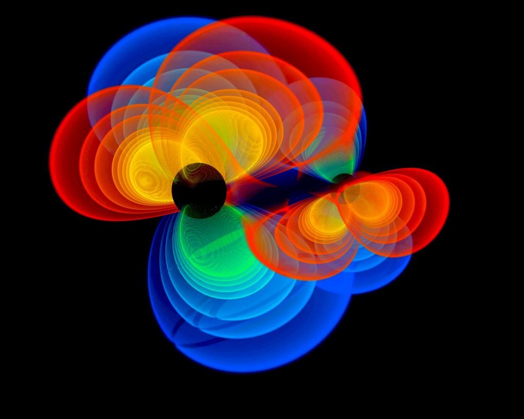 A simulation of black holes merging. Credit Michael Koppitz / AEI