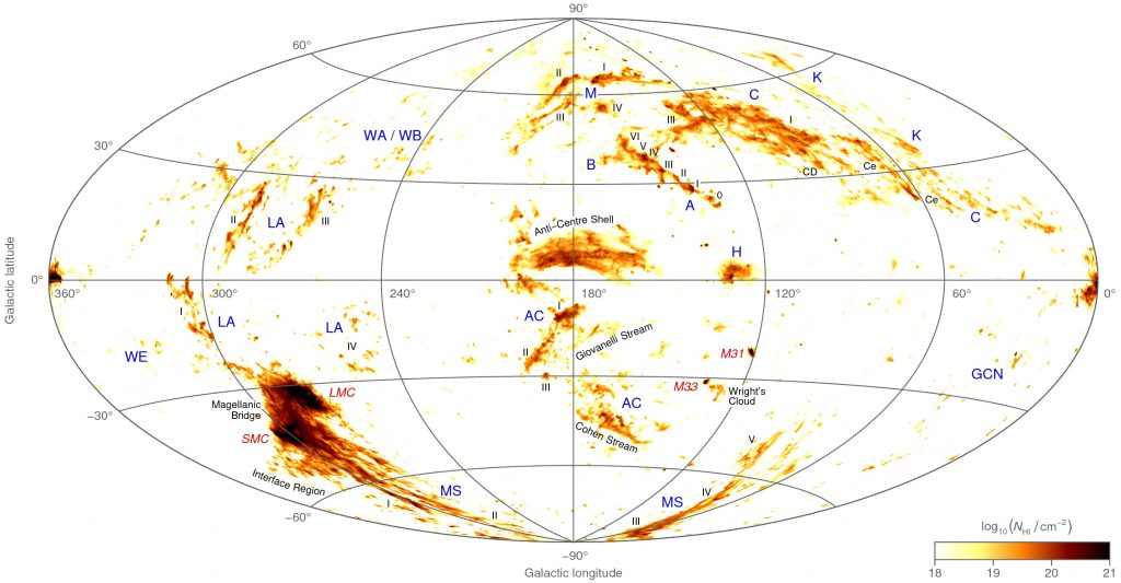 An all-sky map of neutral hydrogen gas moving at high velocity. Credit: ICRAR.