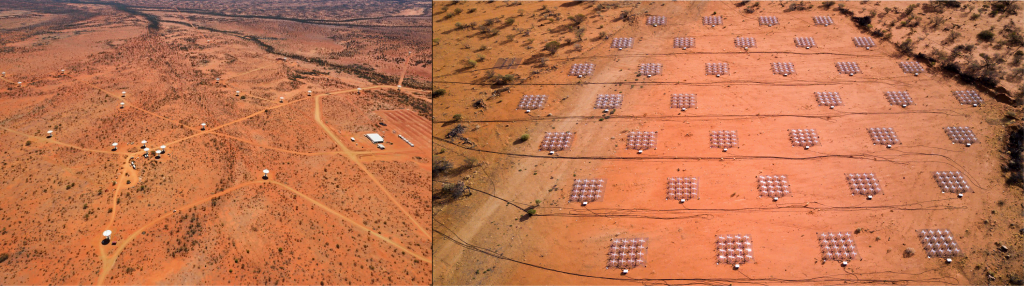 Left: An aerial view of the core part of CSIRO's Australian SKA Pathfinder (ASKAP). Credit: CSIRO Right: An aerial view showing some of of the 256 "tiles" belonging to the Murchison Widefield Array. Credit: ICRAR