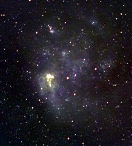 A red, green, blue composite image of the Large Magellanic Cloud made from radio wavelength observations at 123MHz, 181MHz and 227MHz. At these wavelengths, emission from cosmic rays and the hot gases belonging to the star forming regions and supernova remnants of the galaxy are visible. Credit: ICRAR.