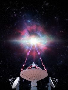 An artist’s impression showing one of CSIRO’s ASKAP radio telescope antennas observing a fast radio burst (FRB).  Credit: OzGrav, Swinburne University of Technology.