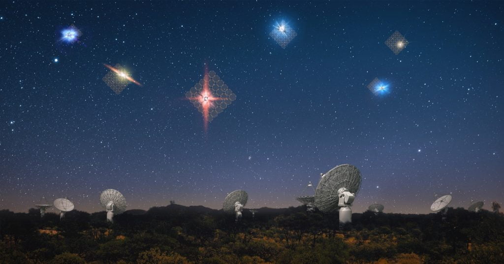 An artist’s impression of fast radio bursts in the sky above CSIRO’s ASKAP radio telescope at the Murchison radio-astronomy Observatory. Each antenna can observe 36 circular patches of sky and in the “fly's eye” configuration each antenna can be pointed in a different direction, enabling ASKAP to detect the brightest and rarest fast radio bursts. Credit: OzGrav, Swinburne University of Technology.