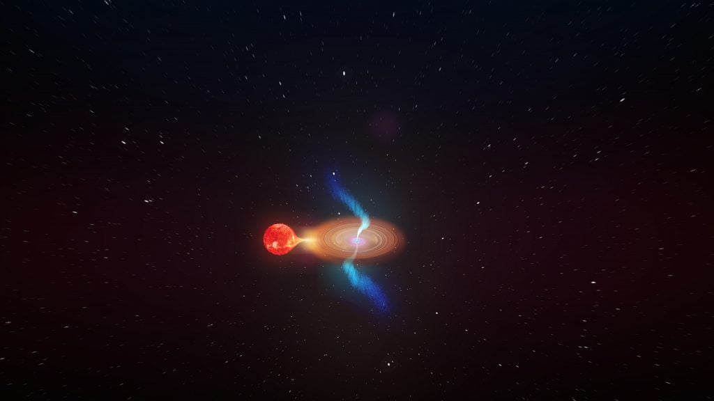 Artist's impression of the V404 Cygni black hole X-ray binary system. The jets launched from the inner part of the system move in different directions at different times, generating a corkscrew-shaped pattern as they swing around. We do not have the resolution to be able to make out this structure, and see only the brightest clouds of plasma as they move outwards. Credit: ICRAR