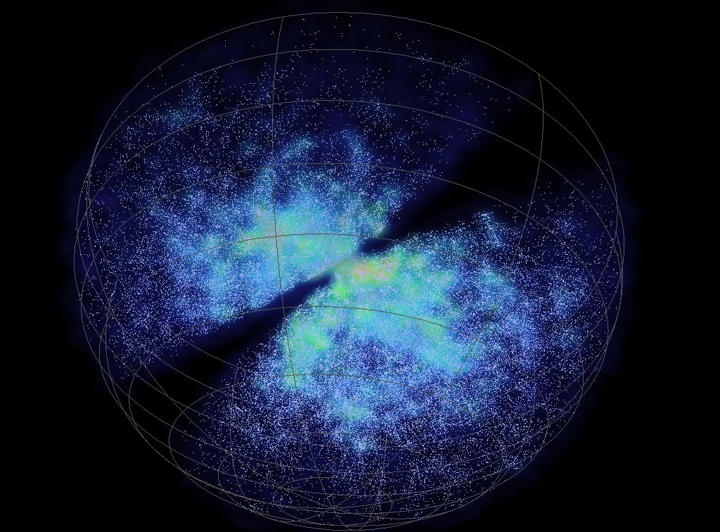 6df GS image 1. 6df Galaxy Survey data, each dot is a galaxy and Earth is at the centre of the sphere.