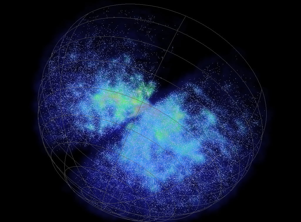 6df Galaxy Survey data, each dot is a galaxy and Earth is at the centre of the sphere.