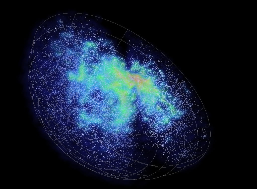 6df Galaxy Survey data, each dot is a galaxy and Earth is at the centre of the sphere.