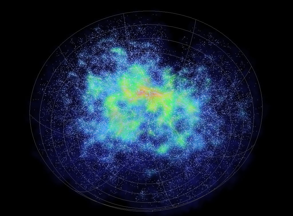 6df Galaxy Survey data, each dot is a galaxy and Earth is at the centre of the sphere.