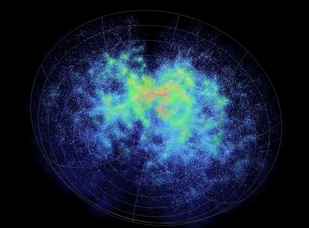 6df Galaxy Survey data, each dot is a galaxy and Earth is at the centre of the sphere.