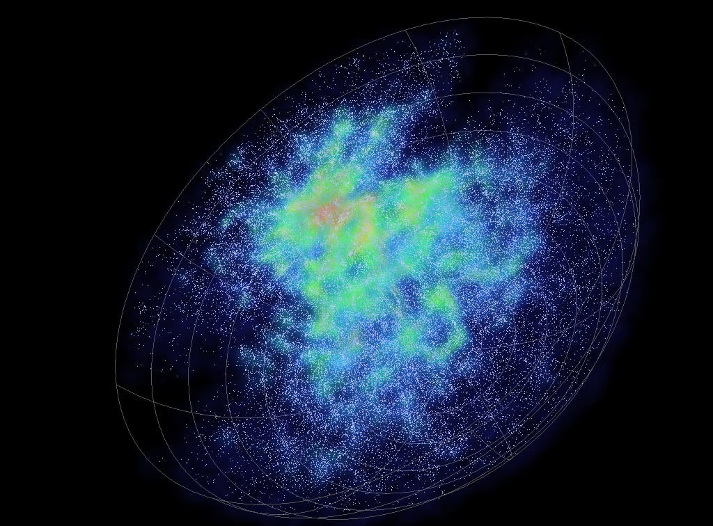 6df Galaxy Survey data, each dot is a galaxy and Earth is at the centre of the sphere.