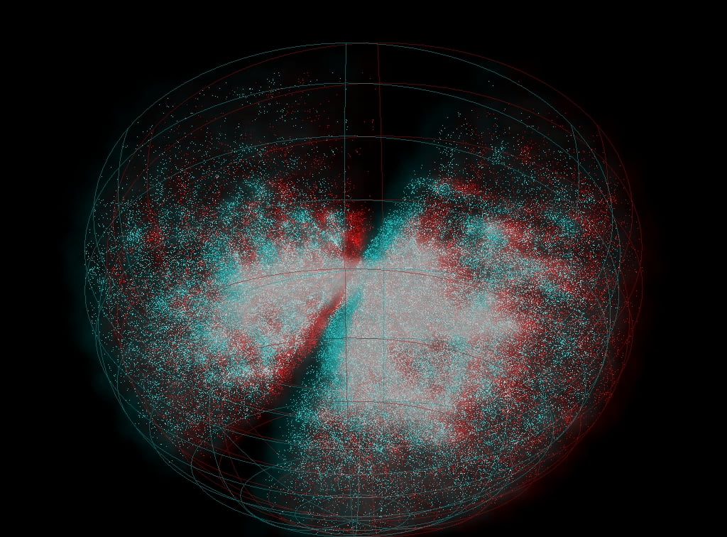 6df Galaxy Survey data, each dot is a galaxy and Earth is at the centre of the sphere.