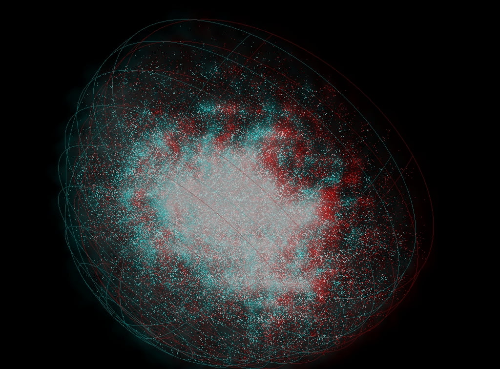 6df Galaxy Survey data, each dot is a galaxy and Earth is at the centre of the sphere.