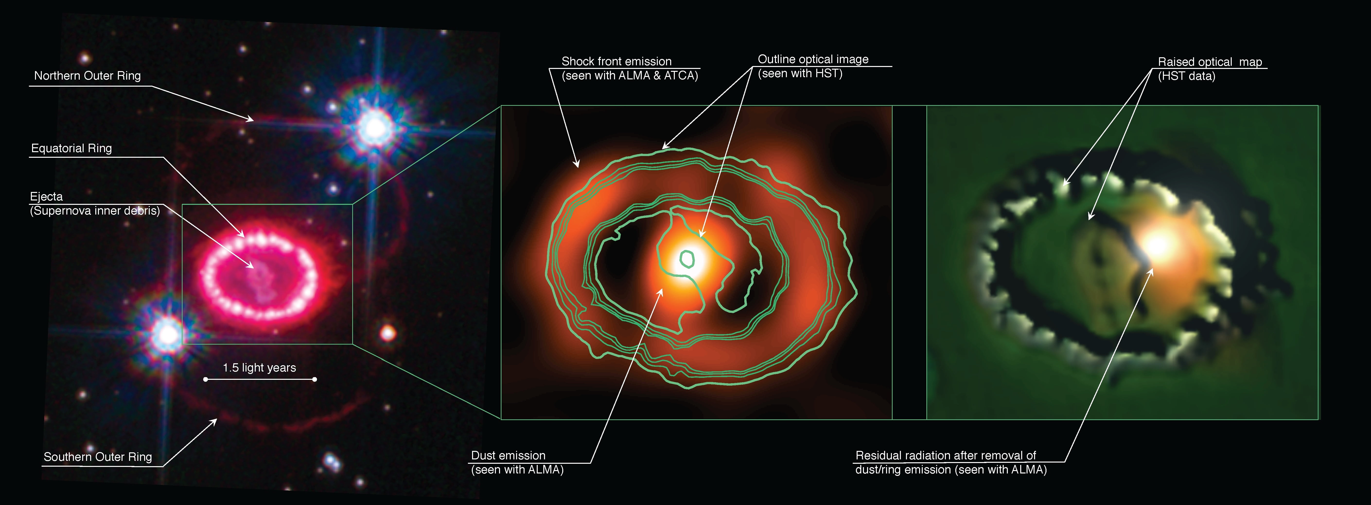 A labeled panel of images showing different views of Supernova Remnant 1987A. Left Panel: SNR1987A as seen by the Hubble Space Telescope in 2010.Middle Panel: SNR1987A as seen by the Australia Telescope Compact Array (ATCA) in New South Wales and the Atacama Large Millimeter/submillimeter Array (ALMA) in Chile. Right Panel: A computer generated visualisation of the remnant showing the possible location of a Pulsar. Credit: ATCA & ALMA Observations & data - G. Zanardo et al. / HST Image: NASA, ESA, K. France (University of Colorado, Boulder), P. Challis and R. Kirshner (Harvard-Smithsonian Center for Astrophysics)
