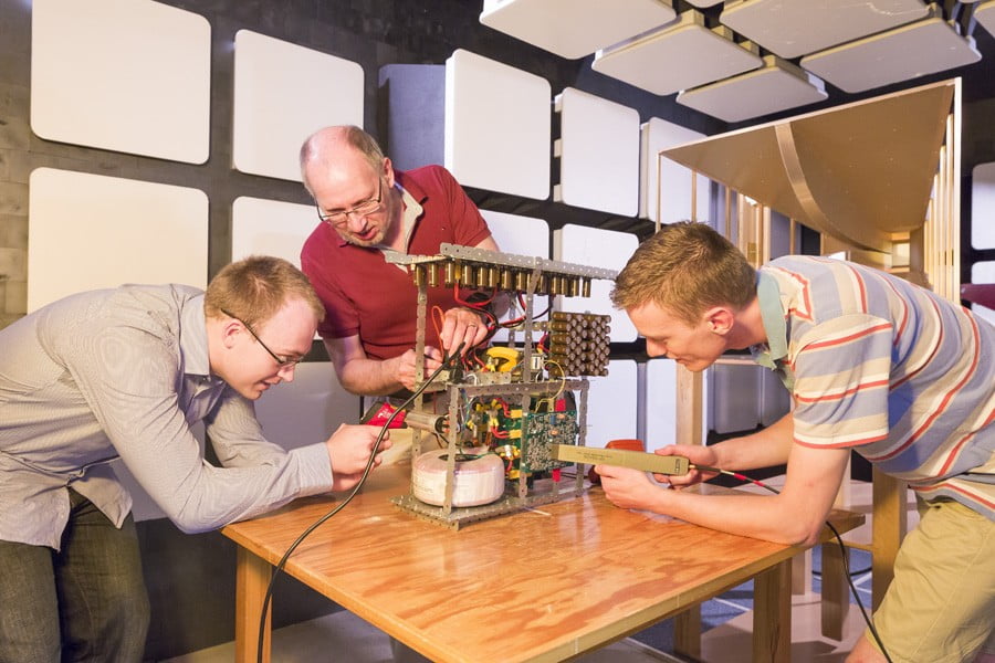 ICRAR PhD Candidate James Buchan, Lawrence Borle from ICRAR Industry partner Balance Utility Solutions and Tom van Nunen, ICRAR engineering intern from the Netherlands prepare a power supply destined for inclusion in the SKA-Low verification platform.