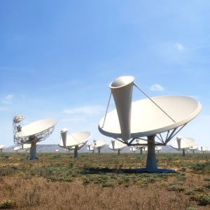 Dish-shaped radio antennas of the SKA in Africa (computer generated image).