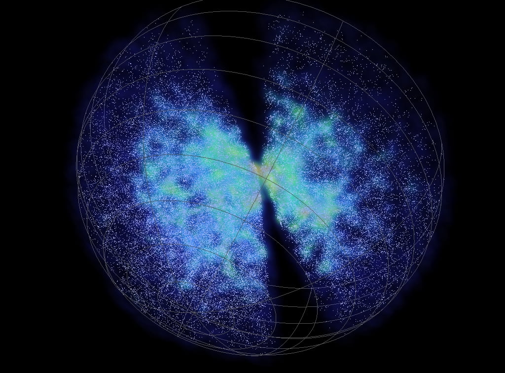 The 6df Galaxy Survey data, each dot is a galaxy and Earth is at the centre of the sphere. Created by Chris Fluke, Centre for Astrophysics & Supercomputing, Swinburne University of Technology. 