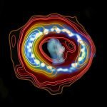 Radio (contours) (Credit: ICRAR) + Hubble (image overlay) Overlay of the 7-mm radio image observed with the ATCA (brown–yellow colour scale for shades and contours) on the Hubble Space telescope image observed during the same period. (blue–white colour scale).