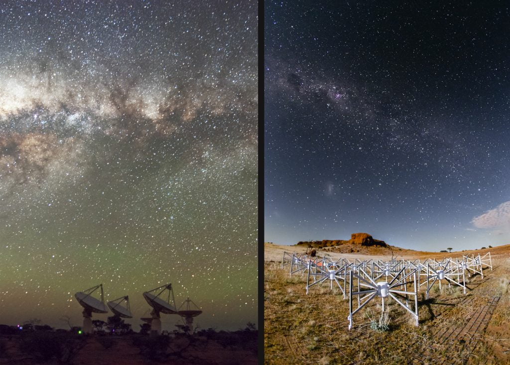 Australian radio telescopes involved in the gravitational wave follow-up collaboration are ASKAP and the MWA, located at CSIRO’s Murchison Radio-astronomy Observatory. Both instruments offer a wide field of view, high sensitivity and quick response times, complemented by high-speed supercomputing capabilities, making them valuable additions to the LIGO/Virgo collaboration. Image credits: ASKAP (Alex Cherney), MWA (Pete Wheeler).