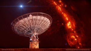 An image showing the Parkes telescope with a 'radio burst' flashing in the sky. The red background is gas in our galaxy. Credit: Swinburne Astronomy Productions, vr.swin.edu.au.