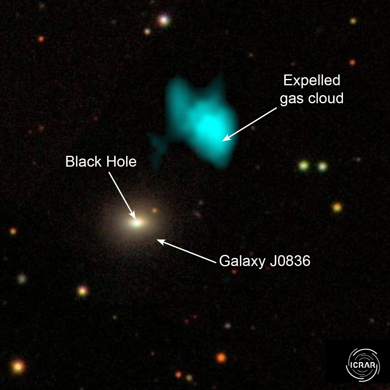     An image showing galaxy J0836, the approximate location of the black hole residing at the galaxy’s core, and the expelled gas reservoir. Credit: ICRAR. 