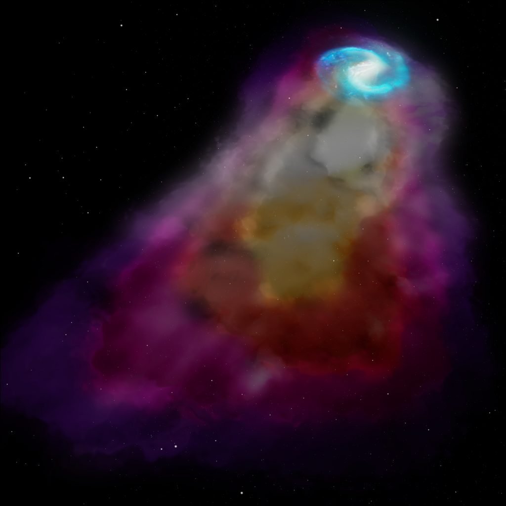 Artist’s impression of the gas cloud and galaxy. Credit: ICRAR/Peter Ryan
