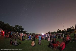 Participants at the 'World's Largest Astronomy Lesson' look towards the Southern Cross to observe the Wishing Well open cluster of stars at about the halfway point of the lesson. Credit: John Goldsmith / celestialvisions.com.au.