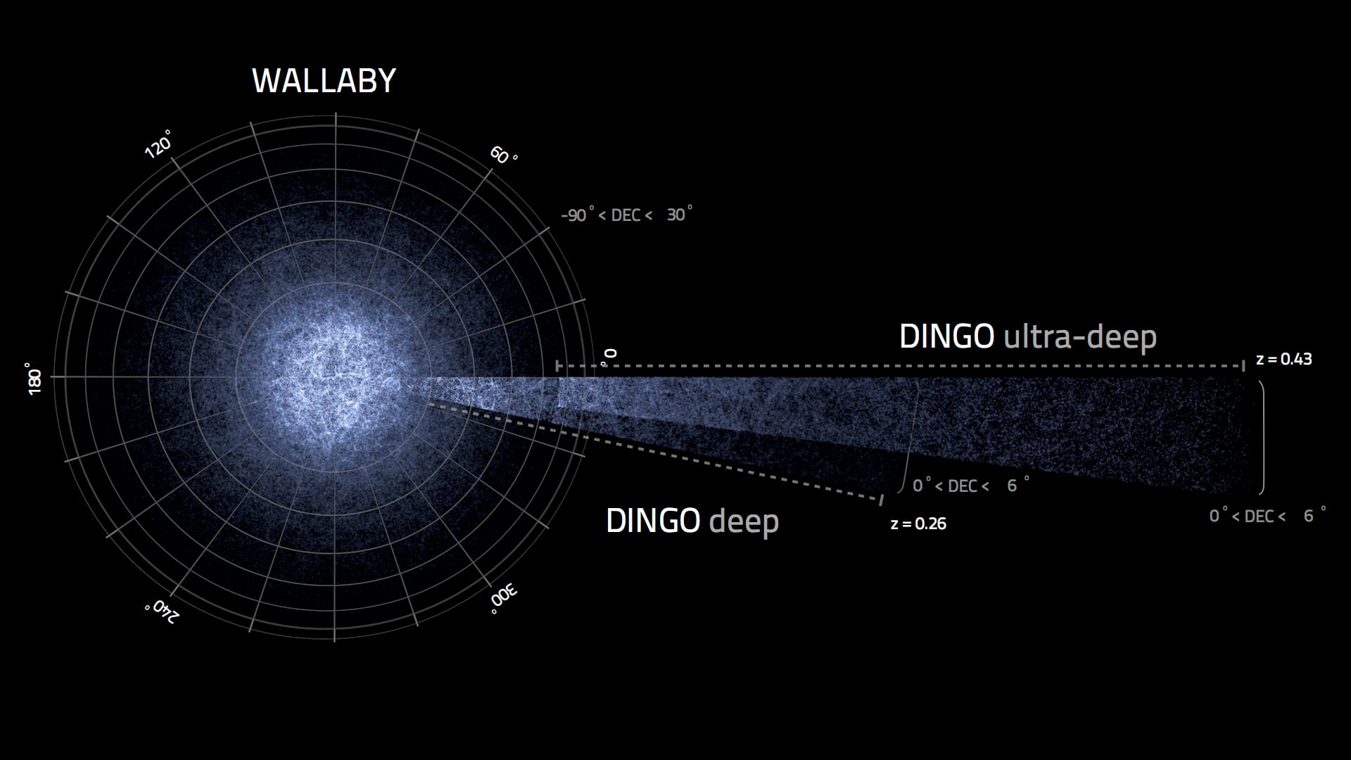 The simulated galaxies ASKAP surveys WALLABY and DINGO are predicted to find. WALLABY will survey a large portion of the sky and DINGO will survey a smaller section but in much greater detail.