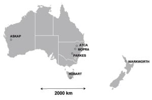 The locations of the individual radio antenna that were connected to create the telescope array. The distance between the two furthest points is approximately 5500km, a link-up that has never before been attempted in the Southern Hemisphere.