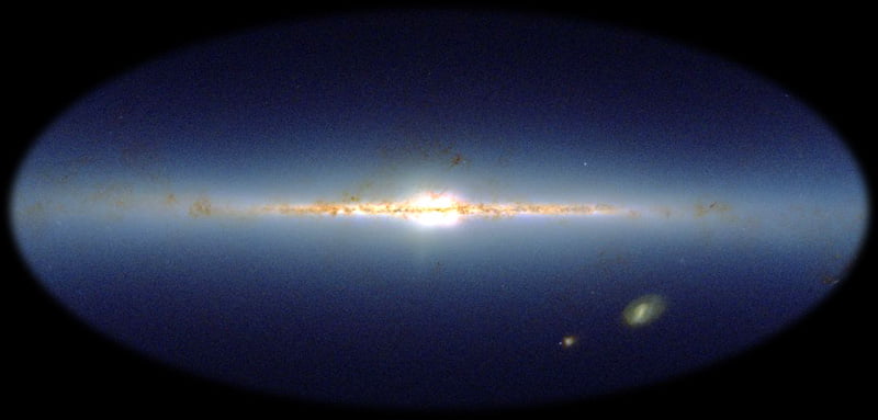 Image Credit: 2MASS/J. Carpenter, T. H. Jarrett, & R. Hurt. This infrared all-sky view, created by the 2MASS Survey, gives us a hint of what the Milky Way would look like if we could see it from the outside in an edge-on perspective. The image is dominated by the galaxy's blazing central bulge and thin disk. The latter is pervaded by dark dusty nebulae. At lower right are the Milky Way's two principal satellite galaxies, the Large and Small Magellanic Clouds.