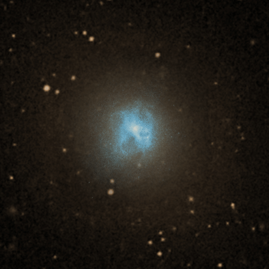 NGC5044, a ‘red and dead’ galaxy like ALESS65 will be heading towards after running out of fuel in about 25 million years. (the X-Rays are shown in blue and the visible light is shown in yellow). Credit: X-ray: NASA/CXC/Stanford Univ/N.Werner et al; Optical: DSS)       