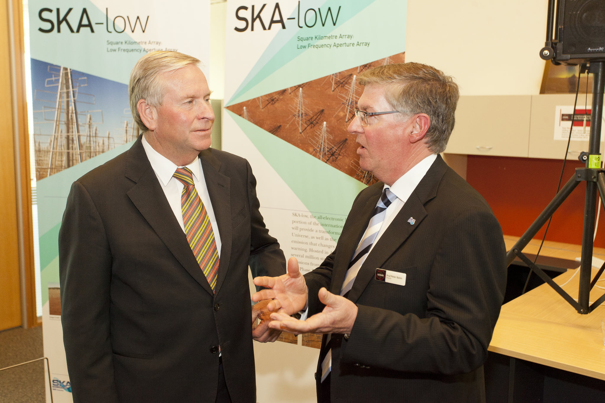  Professor Peter Quinn discusses the Square Kilometre Array radio telescope with WA Premier Colin Barnett after the Premier announced $26 million in State Government funding for the International Centre for Radio Astronomy Research in September this year. 