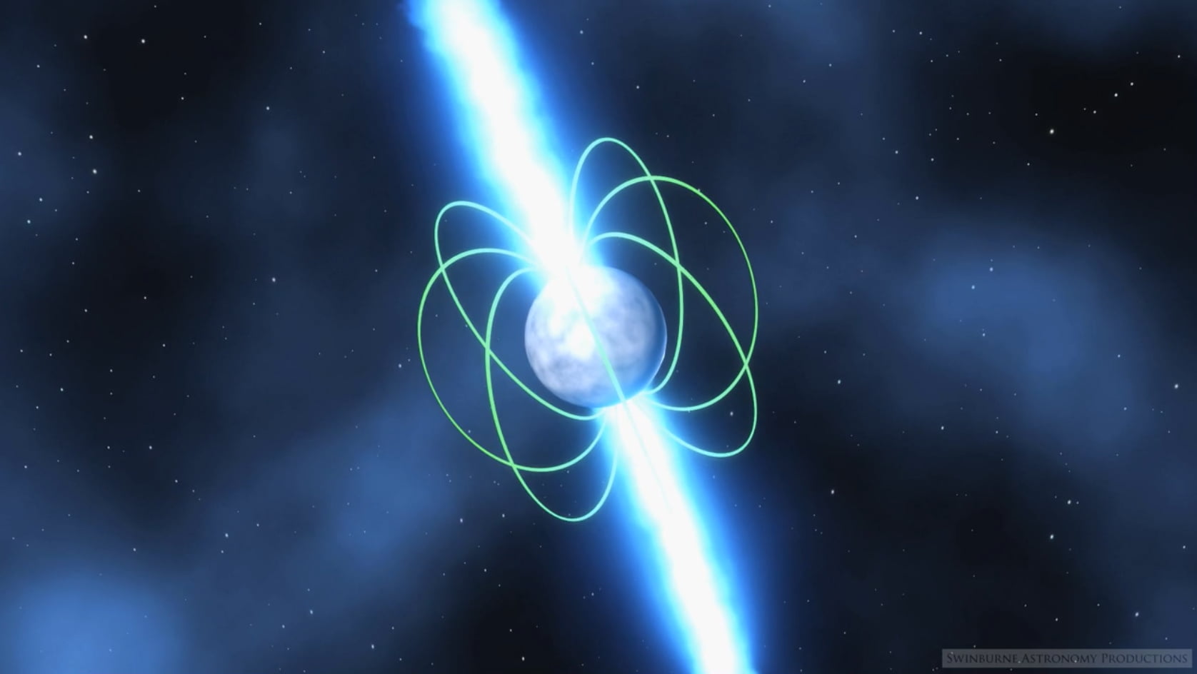 The densely packed matter of a pulsar spins at incredible speeds, and emits radio waves that can be observed from Earth, but how neutron stars emit these waves is still a mystery. Credit: Swinburne Astronomy Productions/CAASTRO.