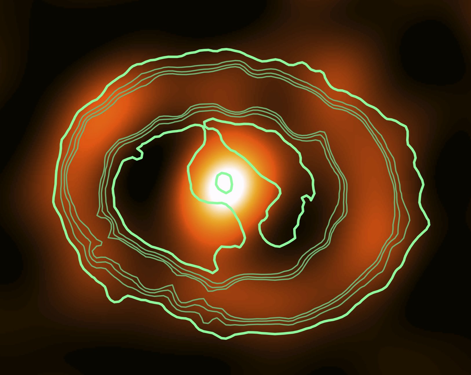 An outline of the equatorial ring and inner debris, as seen with the Hubble Space Telescope (green/blue contours), on top of ALMA observations of the remnant at 345 GHz (red/orange, with rendering). Credit: G. Zanardo, ICRAR-UWA