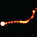 The jet known as ‘PKS 0637-752’ as seen by the Australia Telescope Compact Array (ATCA) in New South Wales, Australia clearly showing the shock diamond-like shapes in the two million light year long structure. Image Credit: Dr Leith Godfrey, ICRAR and Dr Jim Lovell, UTas.