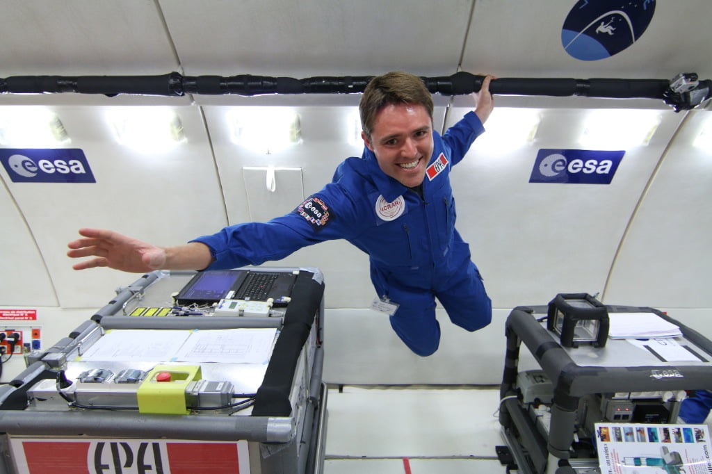 Dr Obreschkow during the microgravity portion of a flight on ESA's Zero-G plane.