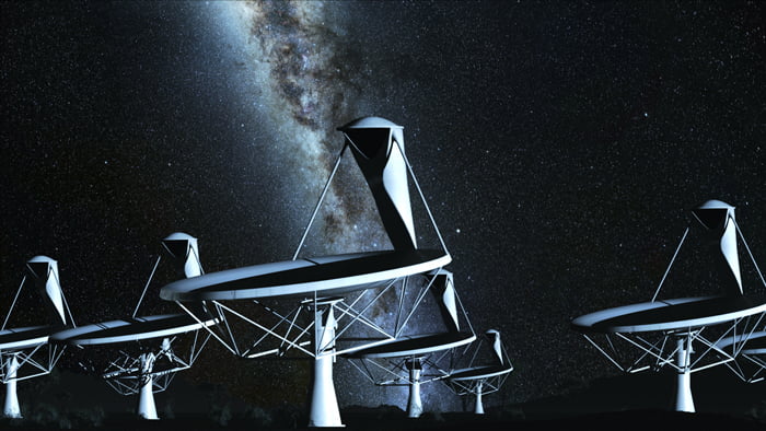 The SKA will be the world's largest radio telescope and will operate day and night searching the hidden Universe. Credit: SPDO and Swinburne Astronomy Productions. 