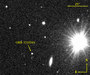Gamma-ray burst 121024A, as seen on the day of burst by ESO's Very Large Telescope (VLT) in Chile. Only a week later the source had faded completely. Credit: Dr Klaas Wiersema, University of Leicester, UK and Dr Peter Curran, ICRAR. 