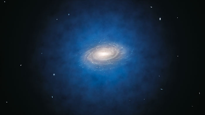 Artist’s impression of the Milky Way and its dark matter halo (shown in blue, but in reality invisible).  Credit: ESO/L. Calçada, there is also an animated version and higher resolution versions. 