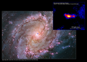 Nearby spiral galaxy M83 and the MQ1 system with jets, as seen by the Hubble Space Telescope. The blue circle marks the position of the MQ1 system in the galaxy (shown inset). Image Credits: M83 - NASA, ESA and the Hubble Heritage Team (WFC3/UVIS, STScI-PRC14-04a).MQ1 inset - W. P. Blair (Johns Hopkins University) & R. Soria (ICRAR-Curtin). 