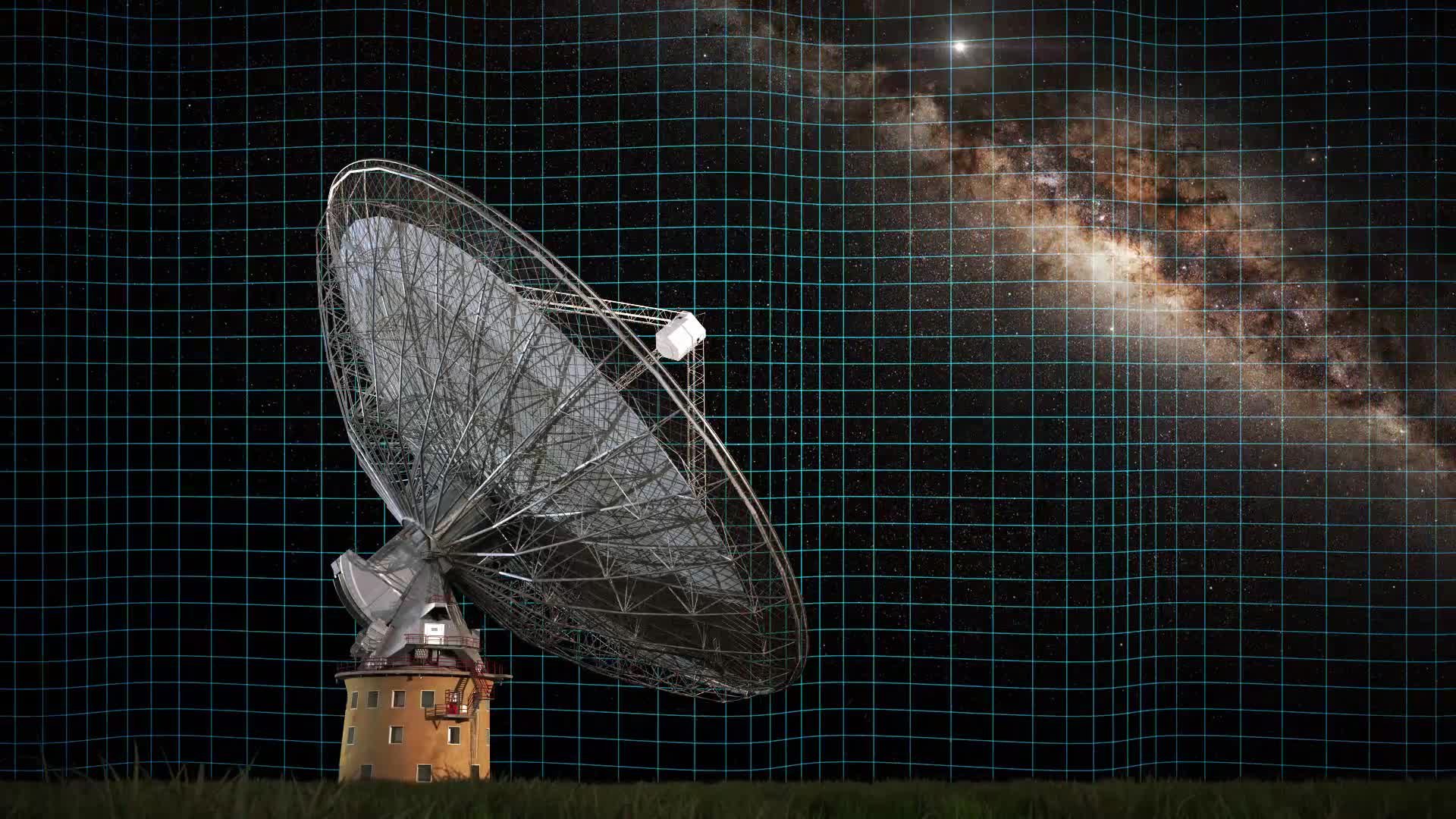 Gravitational waves distort space, altering the regular signals from pulsars received by the CSIRO Parkes Radio Telescope. Credit: Swinburne Astronomy Productions.