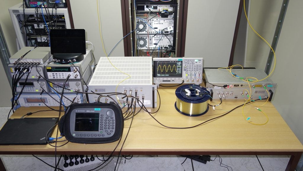 UWA’s prototype SKA frequency synchronisation system alongside ancillary equipment deployed in the Compact Array’s correlator room. Credit Sascha Schediwy.