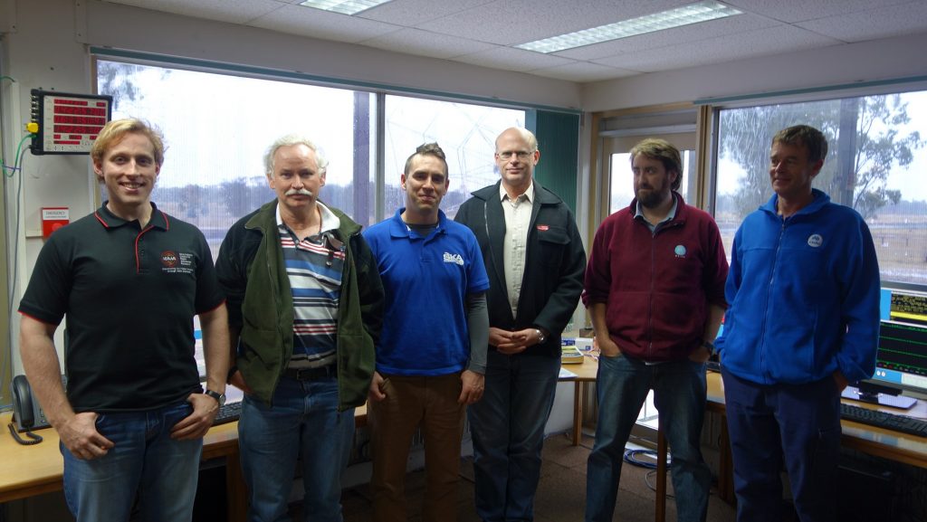 Members of the ICRAR/UWA-CSIRO team during the SKA Astronomical Verification trials (left to right): David Gozzard, Mike Hill, Sascha Schediwy, Peter Mirtschin, Jamie Stevens, and Jock McFee. Credit Marg McFee.