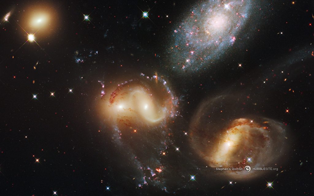 Galaxies of Stephan’s Quintet in the constellation Pegasus, observed by the Hubble Space Telescope. Credit: NASA, ESA, and the Hubble SM4 ERO Team.