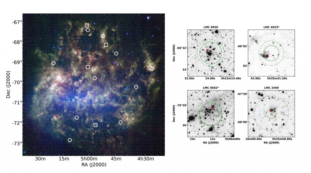 Left: This image from NASA's Spitzer Space Telescope shows the Large Magellanic Cloud, a satellite galaxy to our own Milky Way galaxy. Overlaying the image are the locations of 15 star clusters where multiple generations of stars have been discovered. Right: A closer view of four of the star clusters where young stellar objects have been detected. The crosses mark the locations of young stars and the squares in the main image show the locations of these four clusters. Credit: Karl Gordon and Margaret Meixner - Space Telescope Science Institute/AURA/NASA. Compilation by Bi-Qing For and Kenji Bekki (ICRAR/UWA).