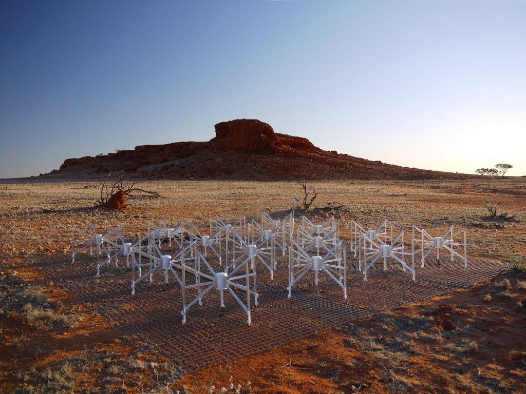 One of 128 tiles belonging to the Murchison Widefield Array (MWA) radio telescope, located in the Western Australian outback. Credit: N. Hurley-Walker.