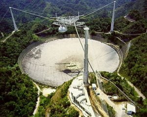 The Arecibo Radio Telescope, at Arecibo, Puerto Rico. At 1000 feet (305 m) across, it is the second largest dish antenna in the world. Credit: H. Schweiker/WIYN and NOAO/AURA/NSF.