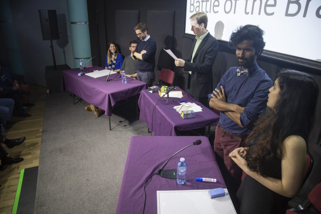 A full-room game of 'heads or tails' with true or false physics statements. Panel only got points if they beat the entire audience. They did not...