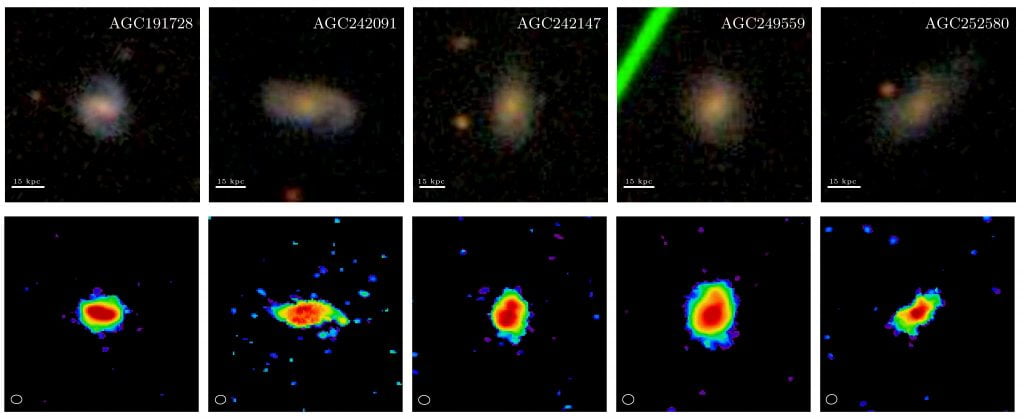 Comparison between the stellar (top) and molecular hydrogen (bottom) distribution in very gas-rich galaxies three billion years younger than the Milky Way. Optical data is from the Sloan Digital Survey whereas molecular hydrogen maps have been obtained using the Atacama Large Millimetre Array.