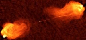 Powerful radio galaxy Cygnus A with AGN core (centre), jets and hotspots on lobes. Such detailed images at low frequencies are currently not possible due to angular resolution limitations. (Image courtesy of NRAO/AUI).