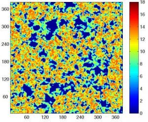 Example simulated field of hydrogen brightness temperature fluctuations (Fialkov et al. 2014).