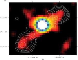 Radio contours overlaid on X-ray emission from the radio galaxy 3C 432 at z=1.785 when the Universe was just 4 billion years old (Erlund et al. 2006). X-ray emission is seen from the radio lobes thought to be due to up-scattering of the CMB.